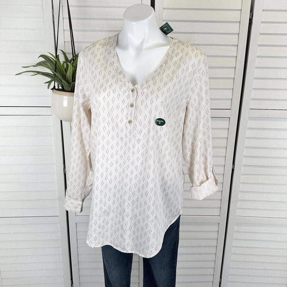 New LL Bean Tencel Blend Popover Shirt Cream Purple Print Roll Tab Sleeve Size M